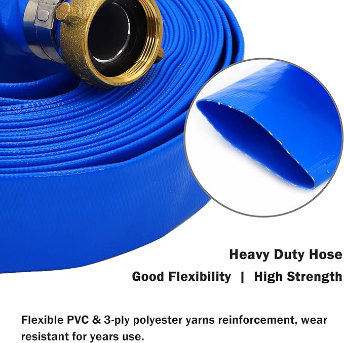 DAVCO 1.5" ID × 50 ft Pool Backwash Hose, Heavy Duty Reinforced Blue PVC Lay Flat Water Discharge Pump Hoses For Swimming Drain Pools and Clean Filters, With Aluminum Pin Lug Fittings