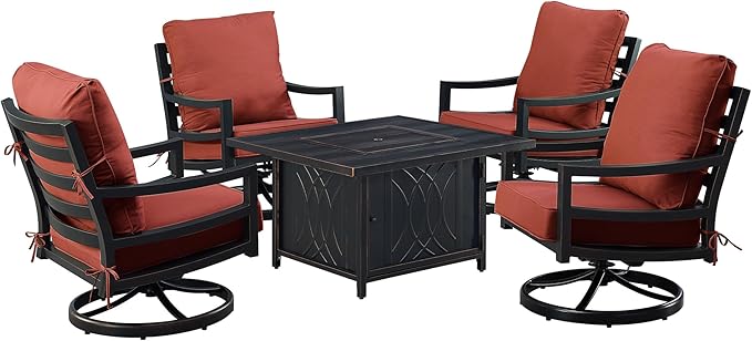 Oakland Living Black Aluminum Patio Fire Table Set with Four Club Chairs with Red Cushions