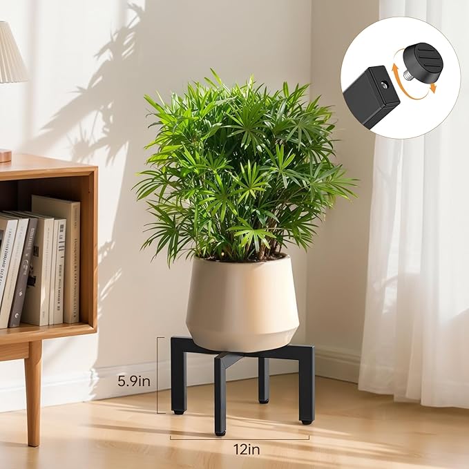 Adjustable Plant Stand Indoor Outdoor,Metal Modern Plant Stands, Plant Stand with Adjustable Feet,Low Short Plant Stands,Fit 8-12 inch Pots,Black (Pot & Plant Not Included)