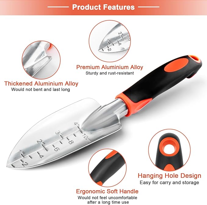 Garden Shovel Trowel Garden Tool Set, 2 Pack Heavy Duty Gardening Tools Set Include Wide Garden Trowel, Hand Shovel with Measurement Mark, Small Shovels for Gardening Digging Planting Transplanting