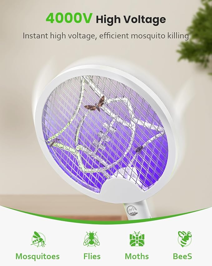 Electric Fly Swatter Racket, Foldable 2 in 1 Bug Zapper with Purple Trap Lamp, 4000V & 1500mAh Powerful Mosquito Trap Killer with Type-C Rechargeable for Indoor Home Office Patio Camp(1 Pack)