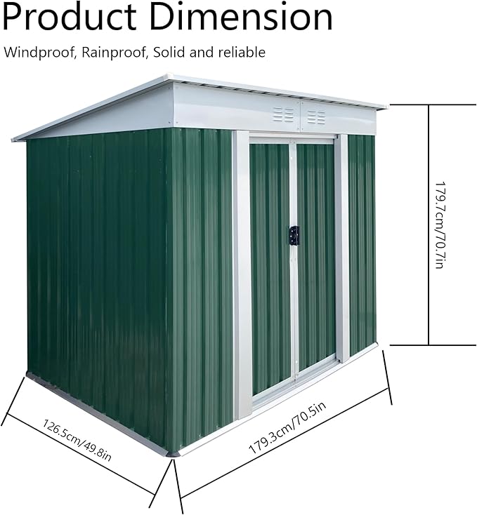 6x4FT Storage Shed with Sliding Door,Metal Outdoor Tool House W/Sloped Roof,All Weather Waterproof,for Backyard,Patio,Lawn,Garden,Green