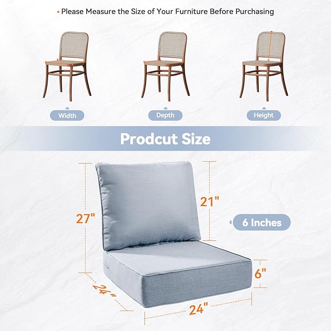 Luxury 6" Outdoor Cushions for Patio Furniture, 24x24x6 Thick Seat Cushion Set of 7, Fade Resistant Couch Chair Replacement Cushions High Density Wicker Chair Cushion w/Removable Cover Baby Blue