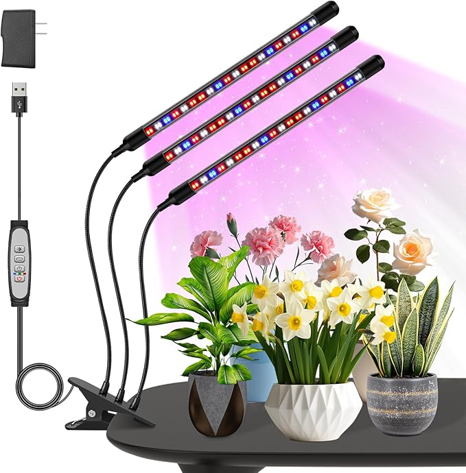 Tri-Heads Grow Lights for Indoor Plants, Full Spectrum Plant Lights for Indoor Growing with Adjustable 360ยฐ Gooseneck, 6/12/18H Timer & Dimming for Seedlings, Succulents, and Houseplants.