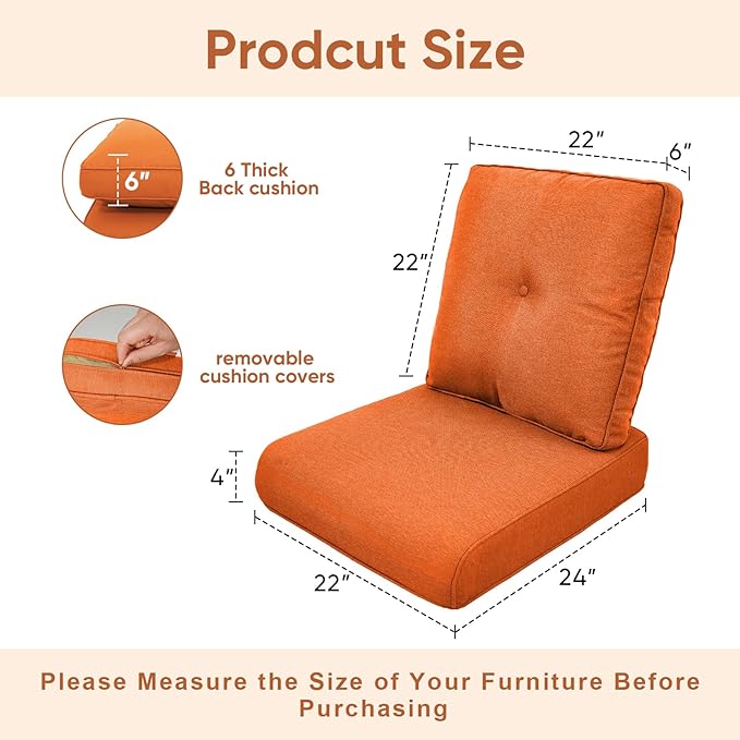 Patio Chair Cushions 4 Packs - Outside High Back Thick Water-Resistant Cushion 22x24 with Zipper Cover for Outdoor Glider Rocking Chairs Loveseat Couch – Orange/Buckle