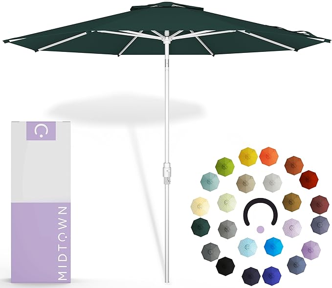 Midtown Umbrellas The Swilt 8 Feet Patio Umbrella in Terylast Forest (Dark Green) Polyester Fabric - Fiberglass Ribs, Auto-Tilt Aluminum Frame For Backyard, Deck, Garden, Pool - White Pole