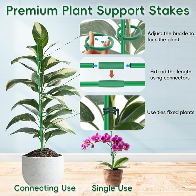 Plant Stakes, 20Pcs Plant Support Stakes Extended to 3ft 4ft 5ft, BOVITRO Garden Stake with Clips for Indoor Outdoor Plants, Orchid Sticks, Tomato Amaryllis Vegetable Stakes for Garden (14.2Inch)