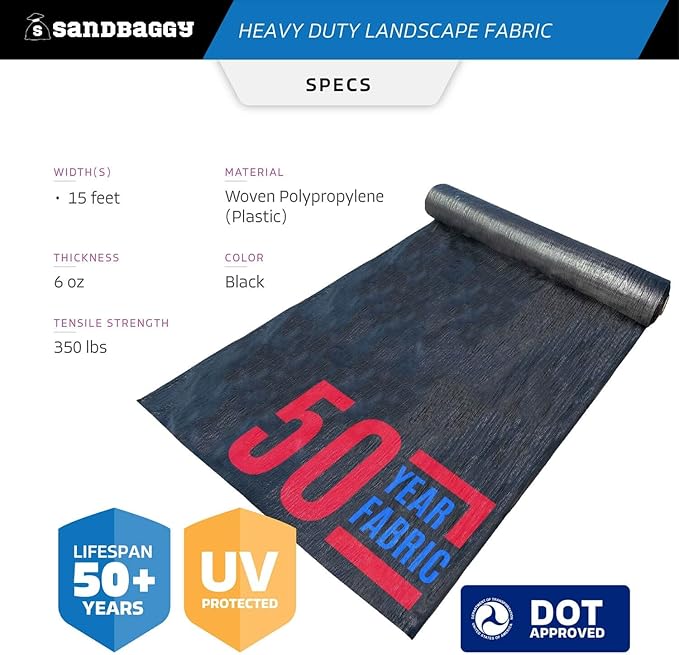 Sandbaggy 15 ft Heavy Duty Landscape Fabric | 50 Year Fabric | 6 oz Extra Thick Weed Barrier | Rock & Gravel Landscaping | UV Resistant | 365 Weed Free Guarantee (15 ft x 100 ft, 1, Count)