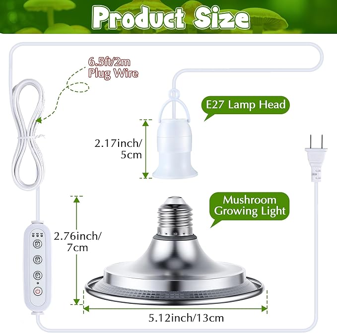 Meonum Mushroom Grow Light with 3/6/9 Hour Timer, 360° LED Hanging Grow Lights Bulb for Mushroom with 6.5ft Extension Cord, 6000K Blue&5000K White Lamp for Indoor Plants Growing Kit Supplies (1 Pack)