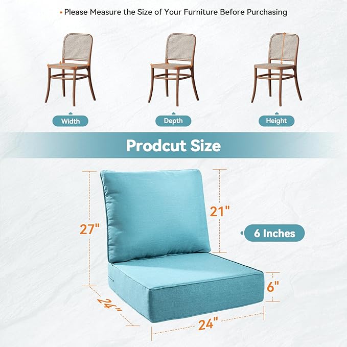Luxury 6" Outdoor Cushions for Patio Furniture, 24x24x6 Thick Seat Cushion Set of 10, Fade Resistant Couch Chair Replacement Cushions High Density Deep Wicker Chair Cushion w/Removable Cover, Teal