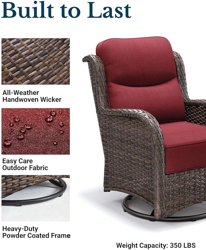 HILLGA Luxury Patio Furniture Set with 6-inch Thick Cushion, Outdoor High Back Swivel Rocker Patio Chairs, 3PCS Wicker Conversation Set for Deck Yard and Poolside, Burgundy (V2)