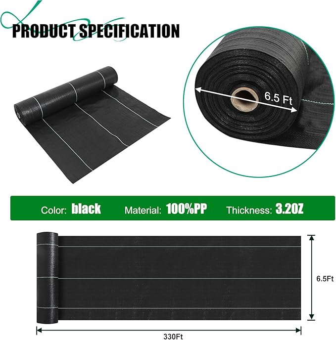 6.5ft x330ft Black Weed Barrier Landscape Fabric Heavy Duty 3.2OZ French Drain Fabric Ground Cover Weed Cloth for Erosion Control,Outdoor Gardening Weed Control Mat