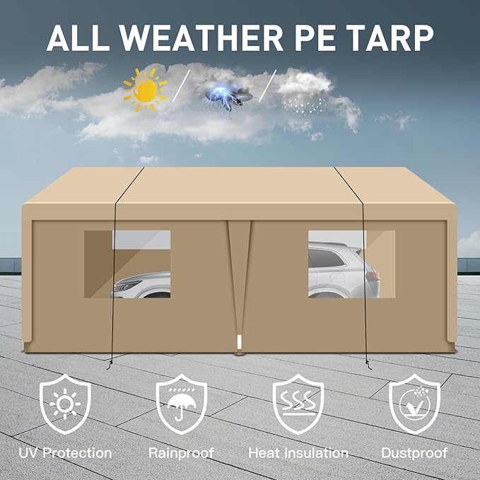 Carport 10x20 Ft Heavy Dut Car Port Canopy, Portable Garage Shelter Car Tents Carpas para Carros All Weather for Automobiles Truck Boat (Khaki)