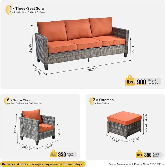 ovios Patio Furniture Set, 9 Pieces Outdoor Wicker Sofa Couch with 6 Chairs, Ottomans and Comfy Cushions, All Weather High Back Rattan Conversation Set, Orange Red