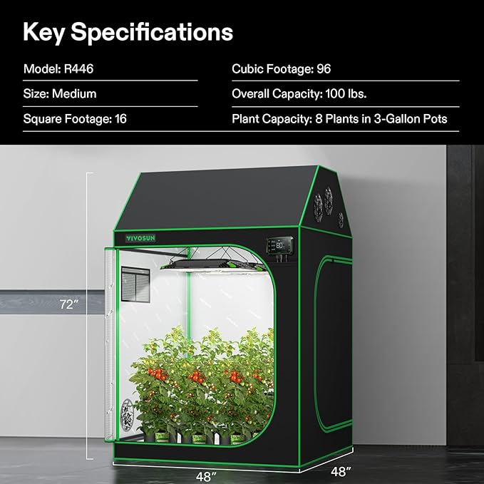 VIVOSUN R446 4x4 Grow Tent, 48"x48"x72" Roof Cube Tent with Observation Window and Floor Tray for Hydroponics Indoor Plant for VS4000/VSF4300