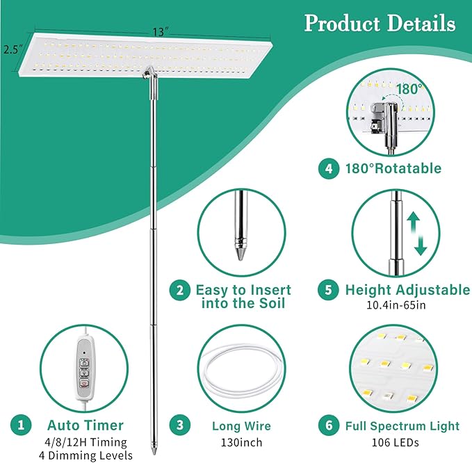 LORDEM Grow Lights for Indoor Plants Full Spectrum, Tall Plant Lights for Indoor Growing, 65 inch Height Adjustable Growing Lamp with Auto On/Off Timer 4H/8H/12H & 4 Dimmable Brightness, 2 Pack