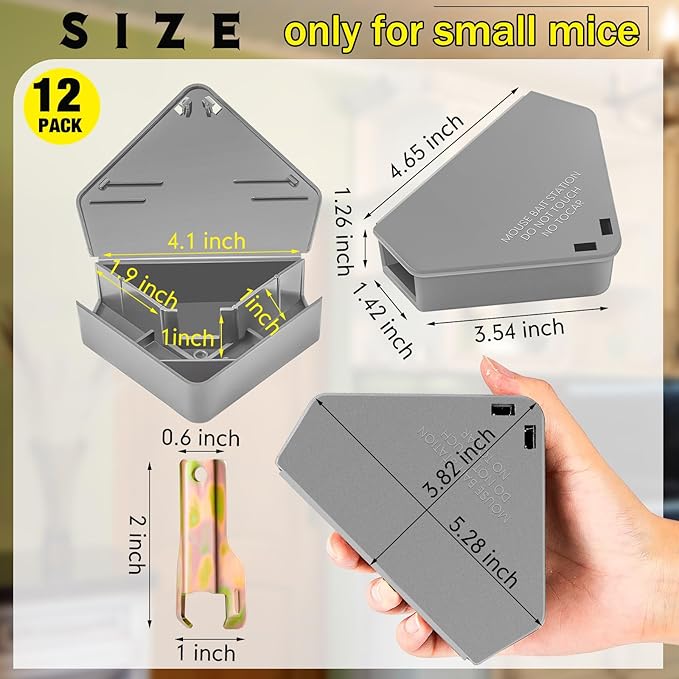 Qualirey 12 Pcs Mice Station with Key Triangle Bait Station Reusable Rodent Trap Bait Box, Keeps Children and Pets Safe Indoor & Outdoor, Bait Not Included, Suitable for Small Mice (Gray)