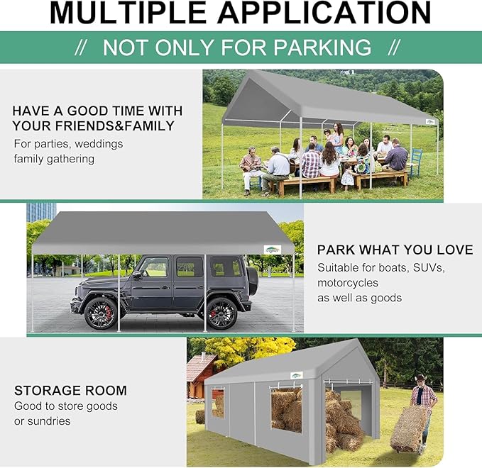COBIZI Carport 12x20ft Heavy Duty Portable Garage, 2.0 Powder Coated Frame(Better Than Galvanized), Waterproof Shelter with Built-in Sandbags, for Car/Boat/SUV, Gray