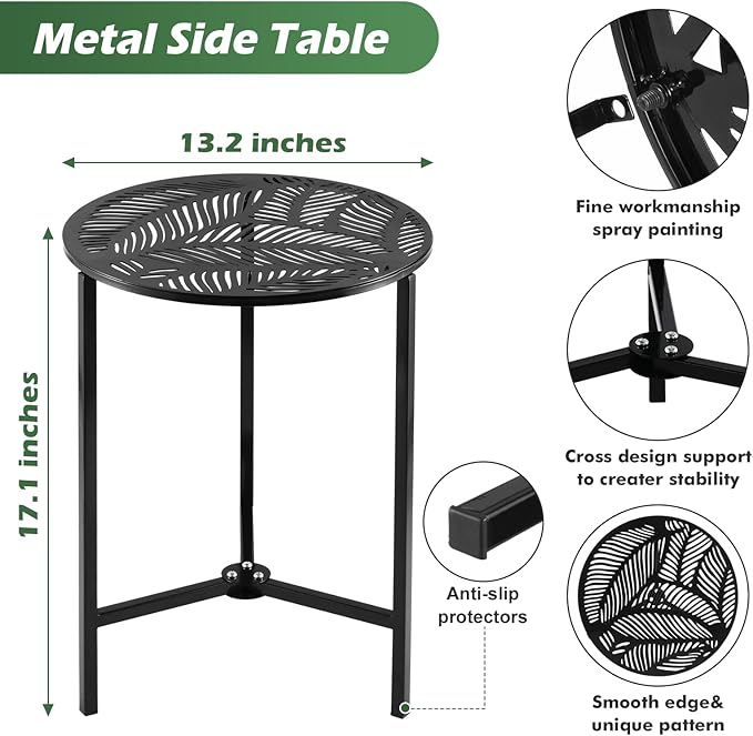 1 Packs 13" Metal Outdoor Side Tables Small Black Outside End Table for Patio Round Accent Corner Stand for Small Spaces Weather-Resistant Coffee Table for Balcony Porch Plant Stand, Tropical Leaves