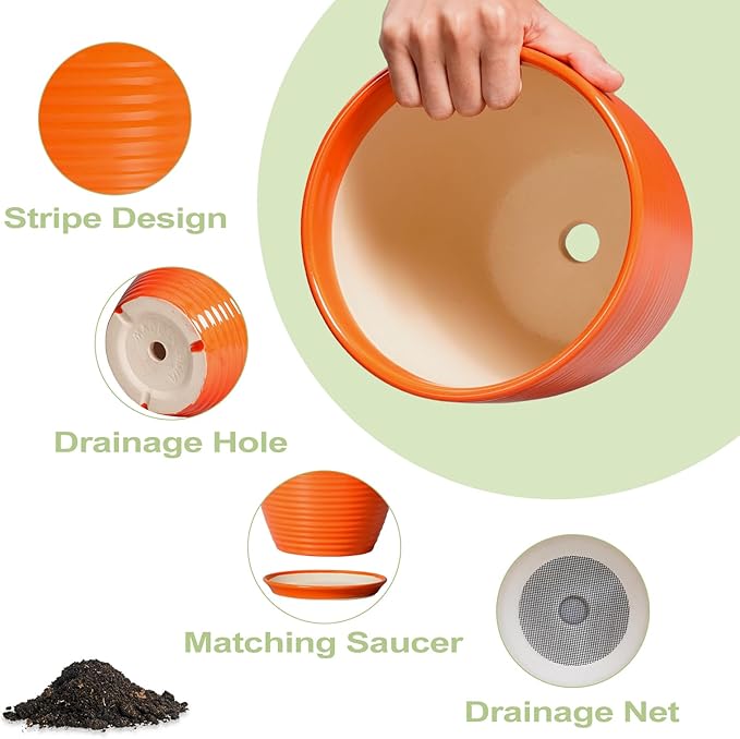 12 Inch Pots for Plants - Ceramic Plant Pots with Drainage Hole and Saucer, Modern Planter for Indoor Outdoor, Round Flower Planters, Porch Home Garden Decor, Gifts for Women, Orange