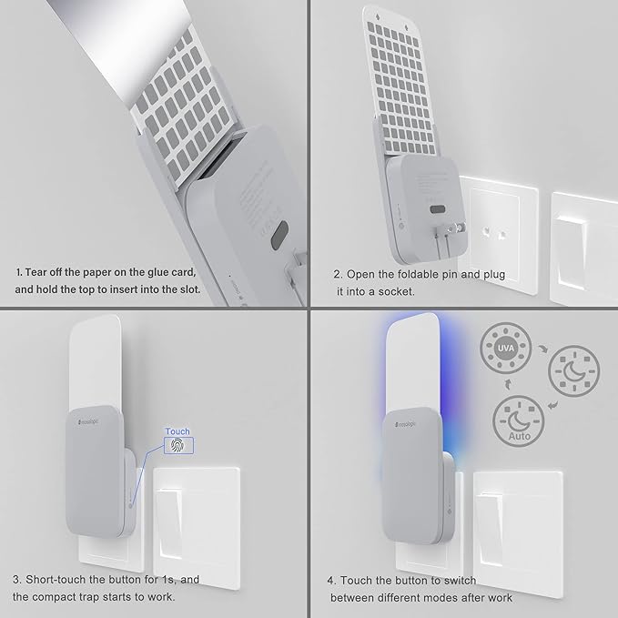 Mosalogic Fly Insect Trap Plug-in Mosquito Killer Indoor Gnat Moth Catcher Fly Tapper with Night Light UV Attractant Catcher for Home Office Grey-1Pack