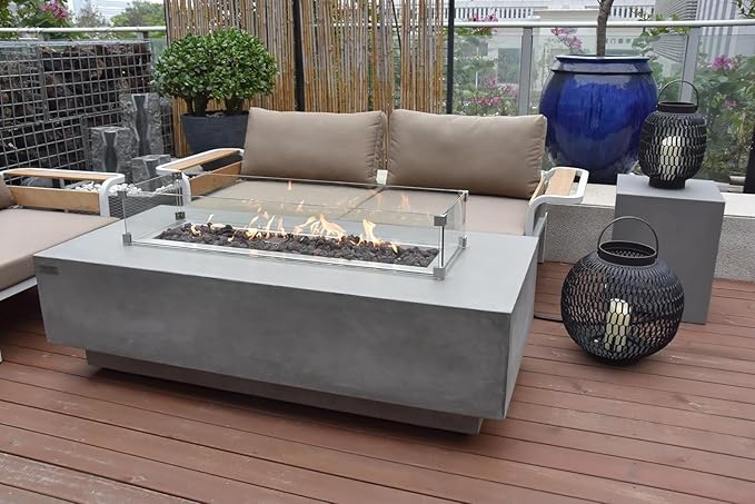 Elementi Granville Gas Fire Pit Cast Concrete Fire Table, Outdoor Fire Pit Electronic Ignition | Canvas Cover, Lava Rock Included | Free AMS Wind Guard | Light Gray (Natural Gas)