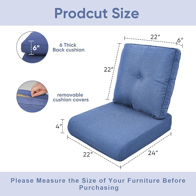 7-Piece Outdoor Patio Cushion Set - Fade & Water Resistant with Removable Olefin Cover, 22x24x4 Inch Memory Foam Cushions for Wicker Sectional Sof - Blue/Buckle