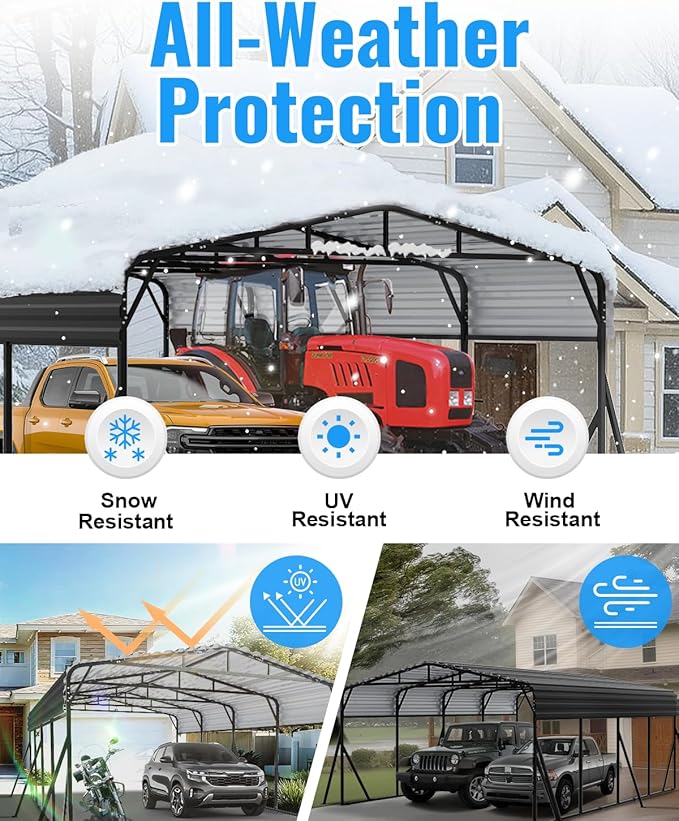12x20 FT Metal Carport, Heavy Duty Carport with Reinforced Frame & Side Support Poles for All-Weather, Outdoor Car Port Suitable for Parking Pickup, Boat, Car, and Tractor