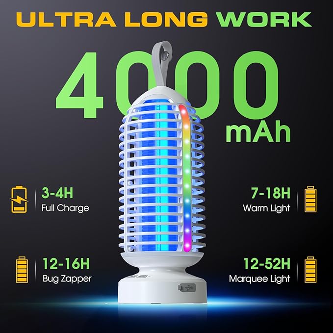 Bug Zapper Outdoor Indoor, 2 Pack Cordless Mosquito Zapper with LED Lights and Marquee Lights, Rechargeable Fly Zapper Outdoor Waterproof for Camping, Patio, Backyard, Garden, Home
