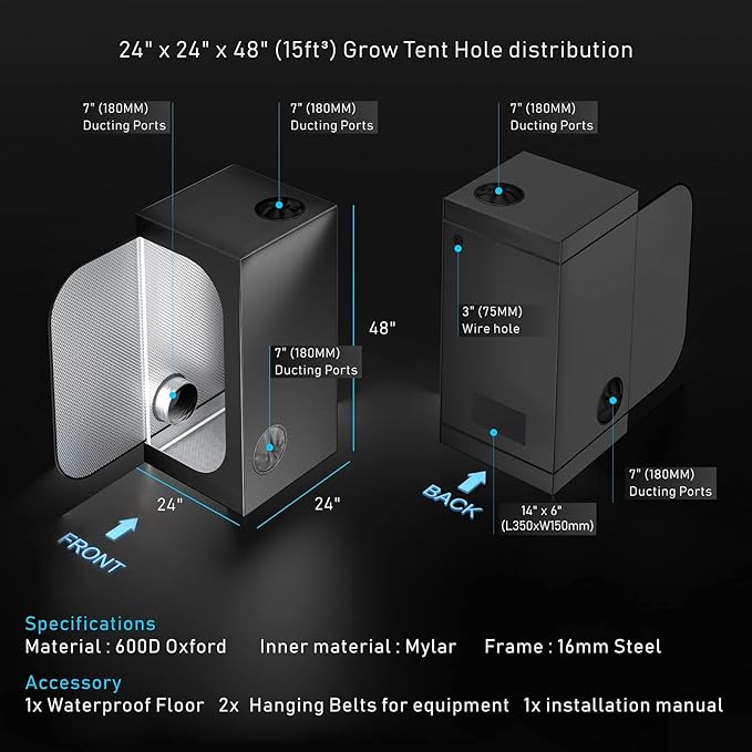 2'X2' Grow Tent Complete Kit Setup 300W LED Grow Light Full-Spectrum Indoor Hydroponics 24"X24"X48" Grow Tent 4" Ventilation Kit with Hangers Hygrometer Shear Timer Trellis Netting Package