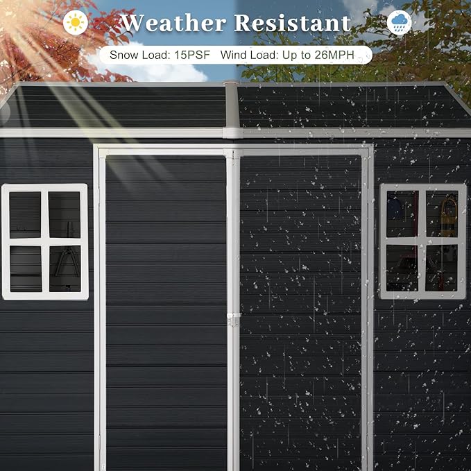 8x4ft Resin Outdoor Storage Shed with Floor and 2 Windows, Plastic Sheds & Outdoor Storage Clearance for Patio Furniture,GardenTools, Bike Accessories and Lawn Mower