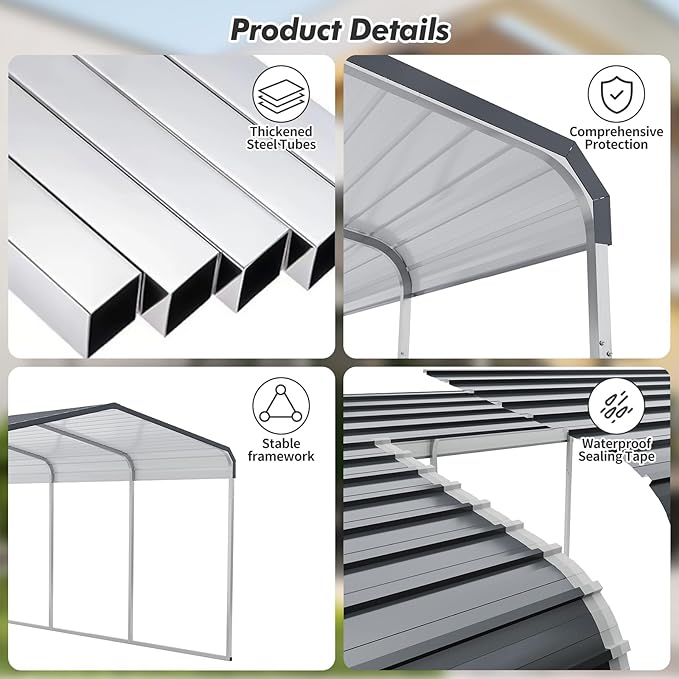 12x20 FT Metal Carport Shed,Heavy Duty Carport with Galvanized Steel Roof & Frame, Permanent All-Weather Shelter for Cars, Motorcycles, ATV, Boats, and Tractors