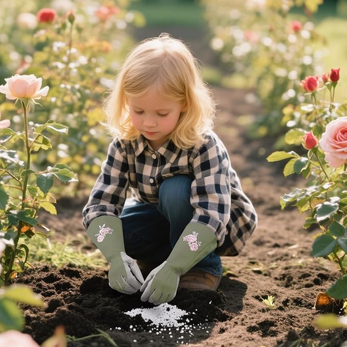 Kids Garden Gloves with Thorn Resistant, Embroidery Children Gardening Gloves with Extra Long Forearm Protection(6-8)