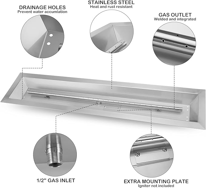 Stanbroil 36 by 6-Inch Drop-in Linear Fire Pit Burner, 304 Stainless Steel Natural & Propane Gas Firepit Insert for Fire Pit Table Indoor Outdoor, 65,000 BTU Max