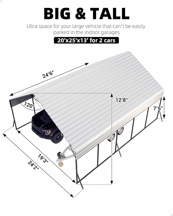 20x25x12.8 FT Metal Carport with Reinforced Frame, Galvanized Steel Roof & Enhanced Base Heavy Duty Car Ports for All-Weather Car Garage Shelter for Car, Truck, Pickup, SUV, Tractor, and Boat