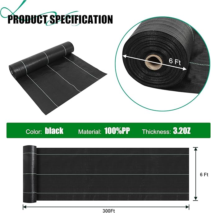 6ft x300ft Black Weed Barrier Landscape Fabric Heavy Duty 3.2OZ French Drain Fabric Ground Cover Weed Cloth for Erosion Control,Outdoor Gardening Weed Control Mat