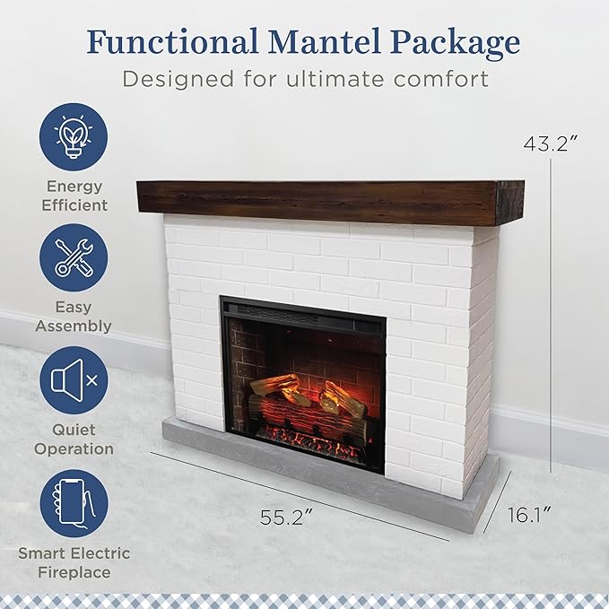 Country Living - Jackson Fireplace Mantel Package, WiFi Enabled 28β Fireplace Insert, White Brick Mantel Surround, Alexa/WiFi Enabled, 1500W