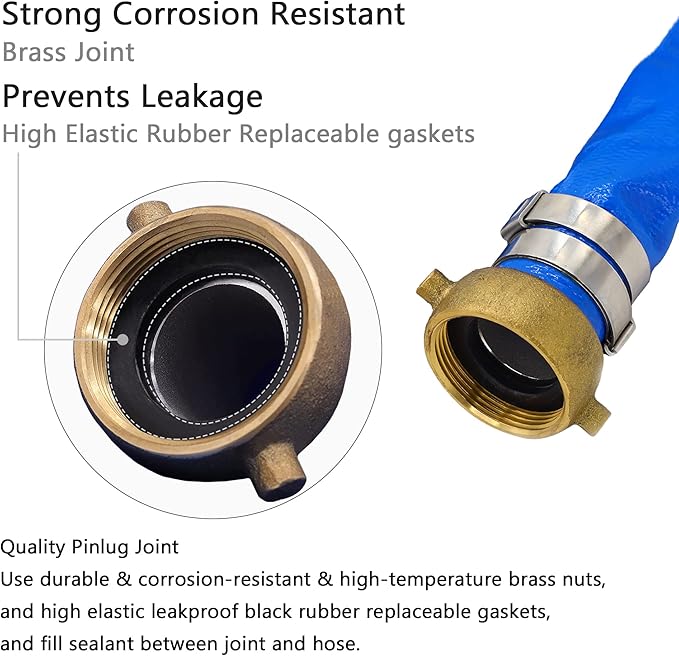 DAVCO 2" ID × 50 ft Pool Backwash Hose, Heavy Duty Reinforced Blue PVC Lay Flat Water Discharge Pump Hoses For Swimming Drain Pools and Clean Filters, With Aluminum Pin Lug Fittings