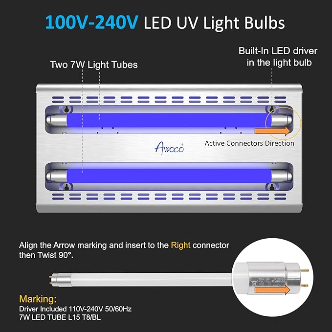 Awoco 12W LED Stainless Steel 100V-240V Wall Mount Sticky Fly Trap Lamp for Capturing Flies, Mosquitoes, Moths and Flying Insects, Perfect for Home, Restaurants, Warehouses (with 6 Glue Boards)