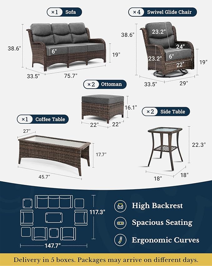 HILLGA Luxury Patio Furniture Set with 6-inch Thick Cushion, Outdoor Couch and High Back Swivel Rocker Patio Chairs, 10PCS Wicker Conversation Set for Deck Yard and Poolside, Dark Grey (V2)