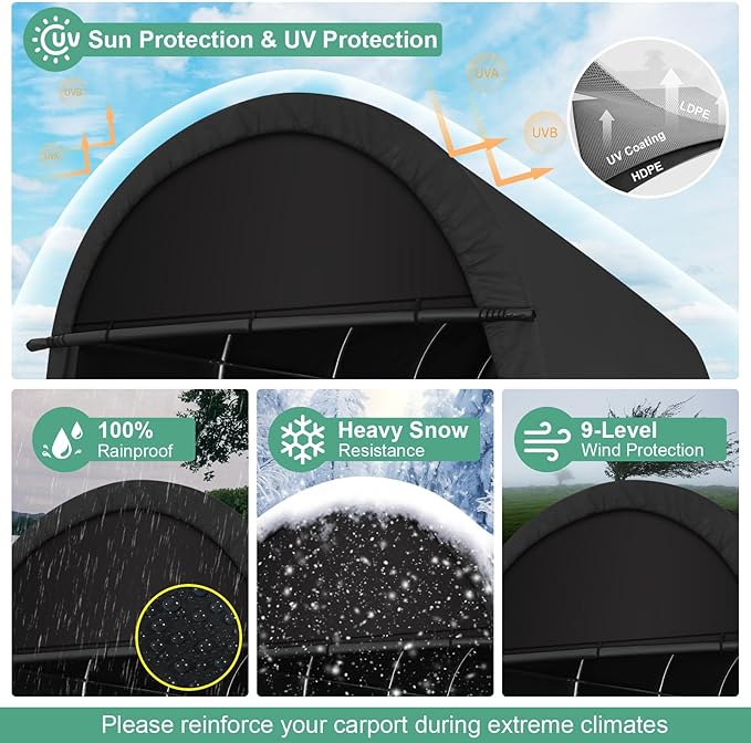 COBIZI Carport 10x20 FT Heavy Duty, Portable Garage, Carport Canopy with All-Steel Metal Frame & Vents, Round Style Outdoor Storage Shed for Car, Truck, Boat, Patio Furniture Anti-Snow Waterproof