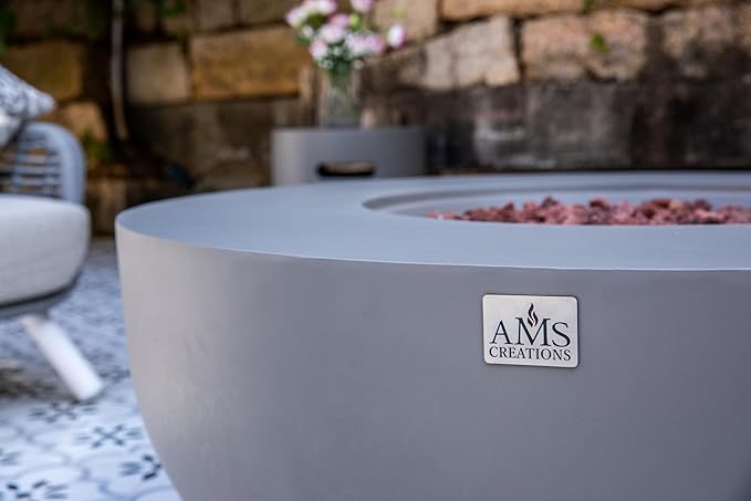 AMS Creations | Eclipse 44" Round Cast Concrete Propane Gas Fire Pit Bowl Table | Light Gray | Smooth Texture Surface | Electronic Ignition | Outdoor Patio Heater Outside Backyard Fireplace