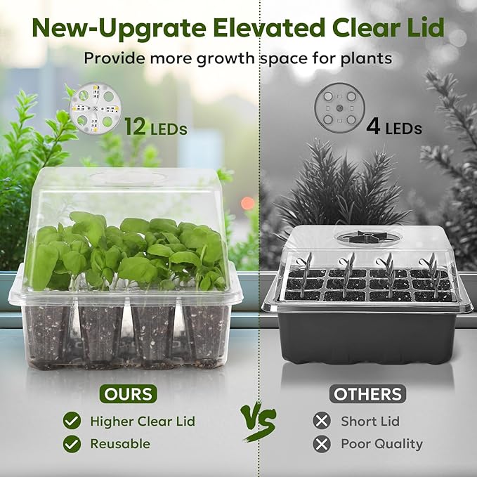 MIXC Seed Starter Kit with Grow Light, Elevated Seedling Tray Kit with Adjustable Humidity Dome and Clear Cell Tray, 12 Full Spectrum Led Beads for Seed Starting Greenhouse, 4 Pack, Transparent
