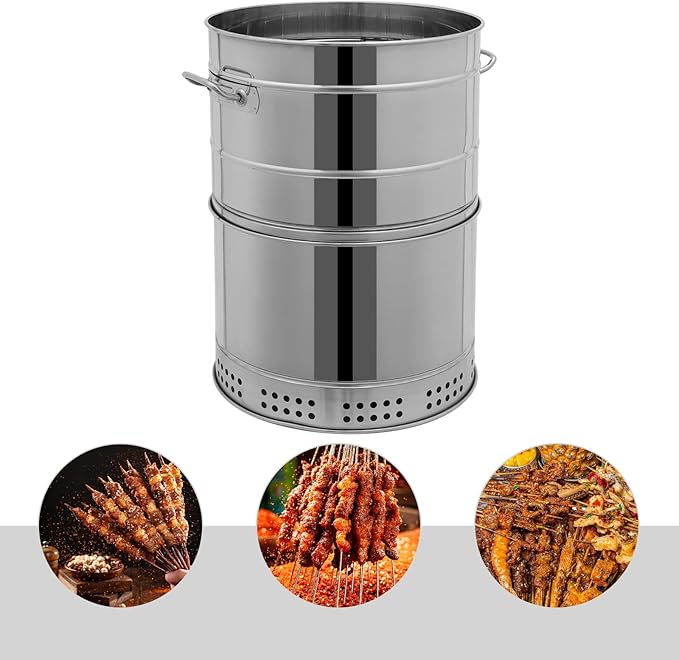 Portable Charcoal Grill, 360° Stainless Steel BBQ Barrel with Handle, Large BBQ Charcoal Grill Outdoor BBQ Grill for Picnic, Camping, Backyard Patio Cooking