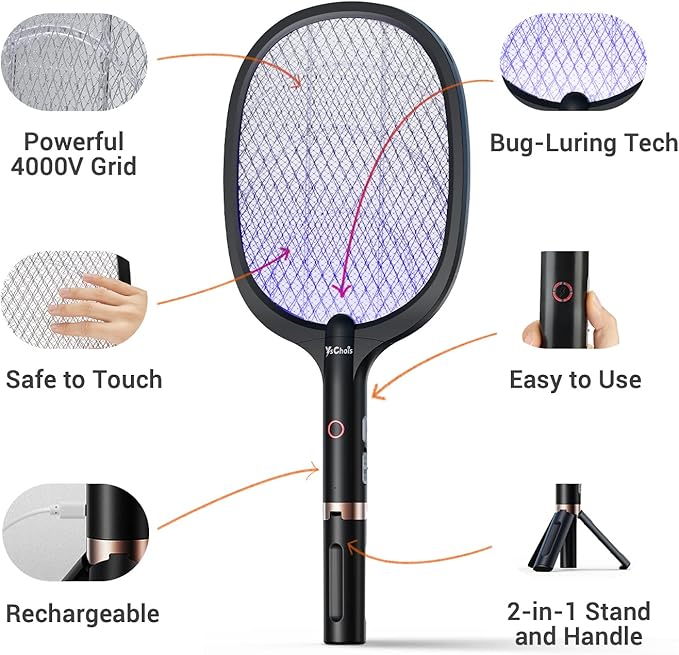 Electric Fly Swatter Racket, Rechargeable Fly Zapper - 4000 Volt, Exclusive 2-in-1 Bug Zapper Racket - USB Charging, 1800mAh Li-Battery, Indoor & Outdoor Use, Black