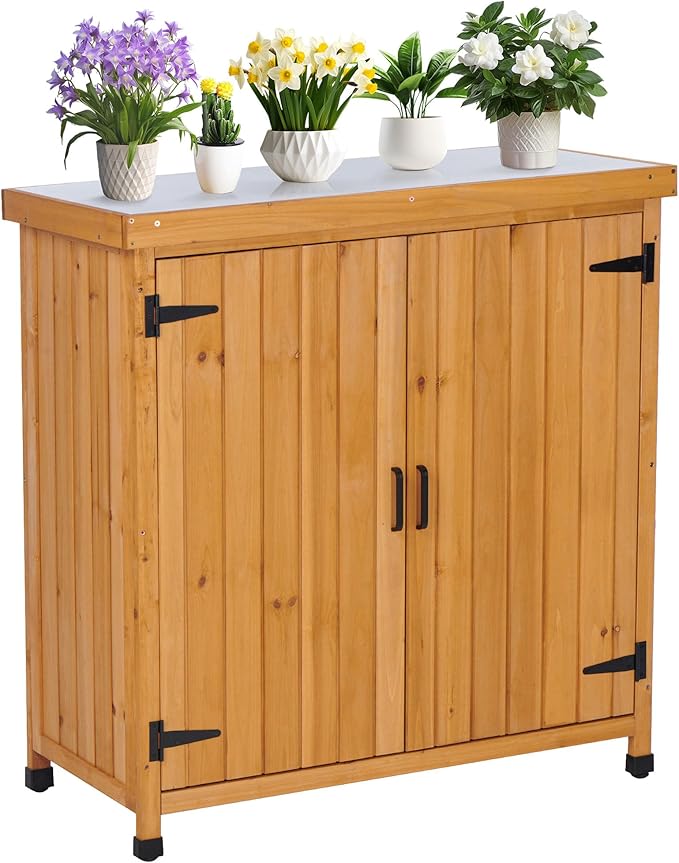 Outdoor Potting Bench with Metal Work Top,Waterproof Garden Storage Cabinet,Wooden Tool Station Shed for Backyard,Patio,Lawn Gardening