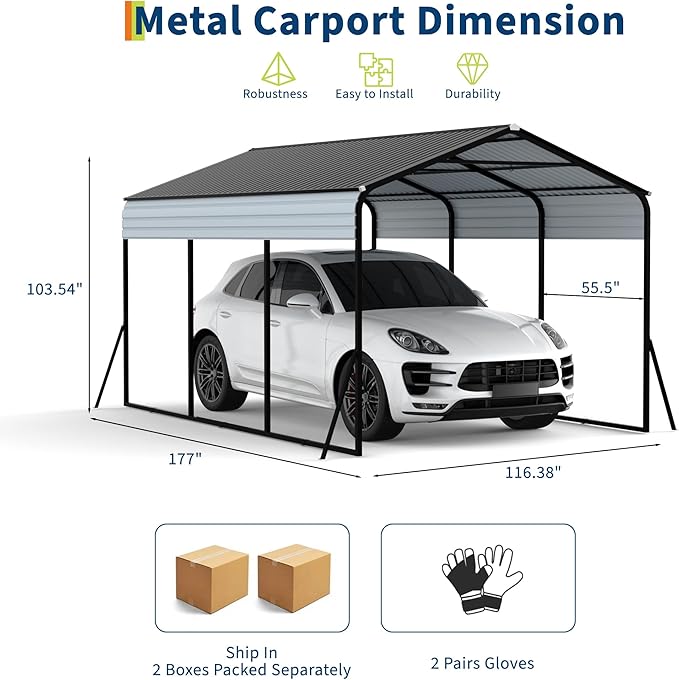 10x15 FT Heavy Duty Metal Carport with Galvanized Steel Frame & Roof, All-Weather Portable Car Garage Shelter, Metal Carports Garage for Cars, Trucks, Boats, Wind & Snow Resistant, Reinforced Base