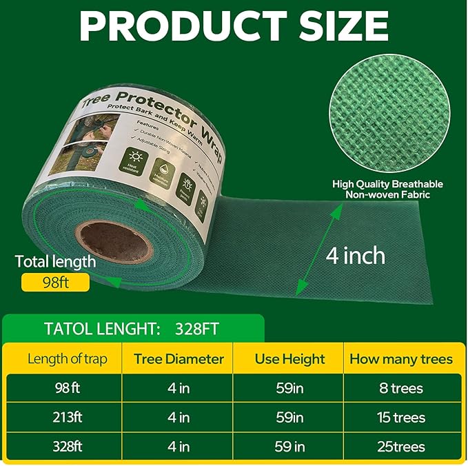 Emycool 98ft Tree Wraps to Protect Bark, Tree Wrap for Damaged Bark, Tree Trunk Wrap to Keep Plants Warm and Tree Trunk Protectors from Deer and Animal, Durable and Effective