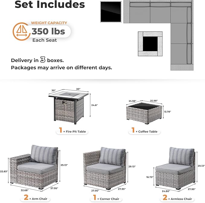 ovios 7 Pieces Patio Furniture Set, Outdoor Wicker Sectional Sofa with 30 Inch Fire Pit Table Comfy Cushions, Modern Modular Deep Seat Rattan Couch Conversation Set, Dark Gray Stripe