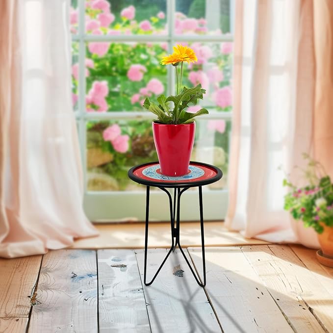 LIFFY Outdoor Side Tables, 12" Coffee Table Small Patio Table, Indoor Small Round Home Decorative End Table, Plant Stands Table Outside, for Yard Balcony Garden Bedside Pool Beach(Metal & Glass,Red)